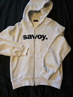 Savoy Gray Zip-Up Hoodie with Bold Logo